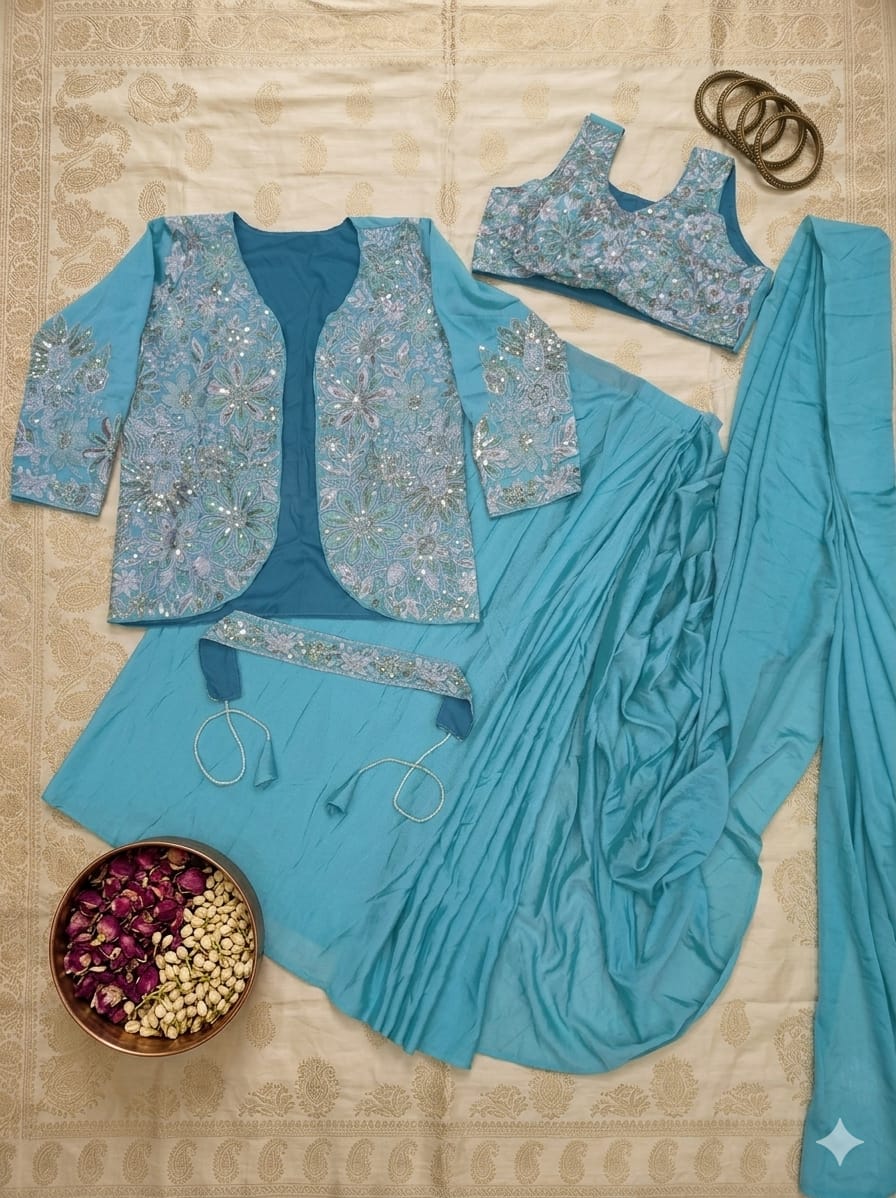 Ready to Wear Designer Saree With Stiched Blouse,Jacket & Belt AD9306 image 3