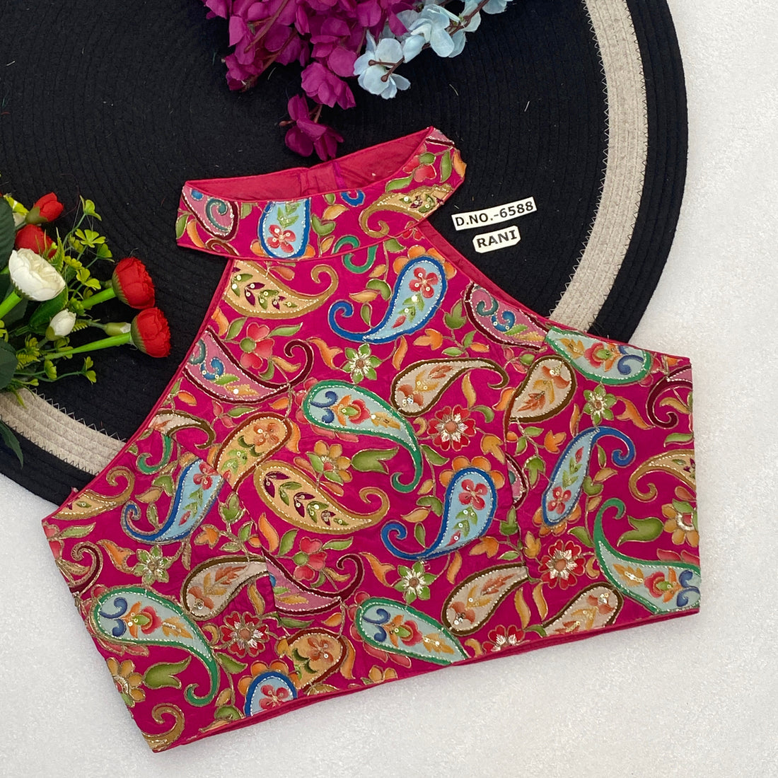 Halter Neck Back Open Premium Zip & Hook Sleeveless Heavy Embroidery Work Blouse AD9010 image 1