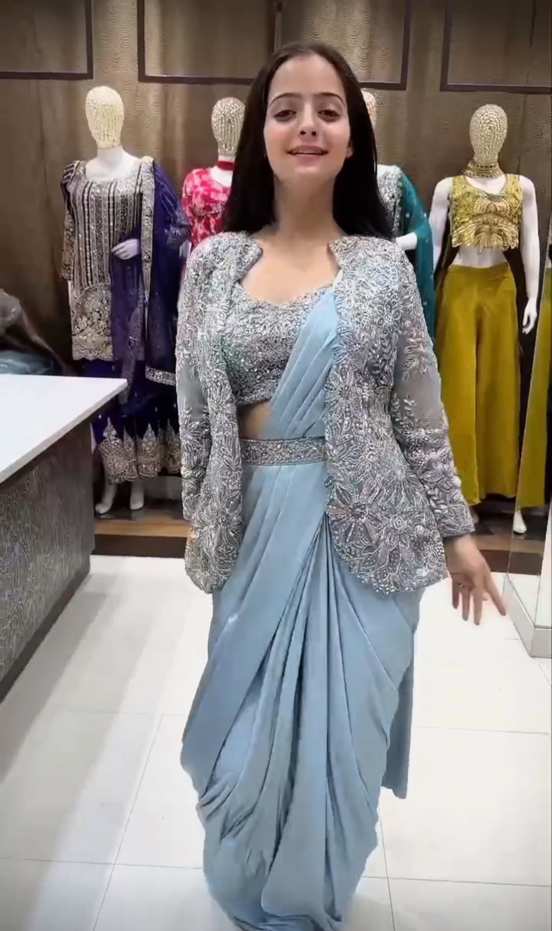 Ready to Wear Designer Saree With Stiched Blouse,Jacket & Belt AD9306