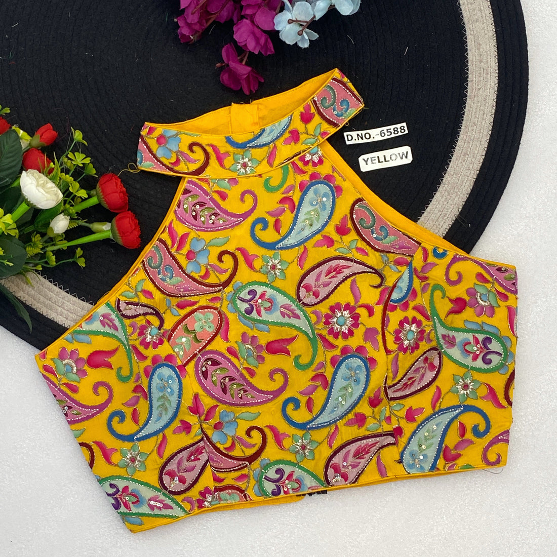 Halter Neck Back Open Premium Zip & Hook Sleeveless Heavy Embroidery Work Blouse AD9010